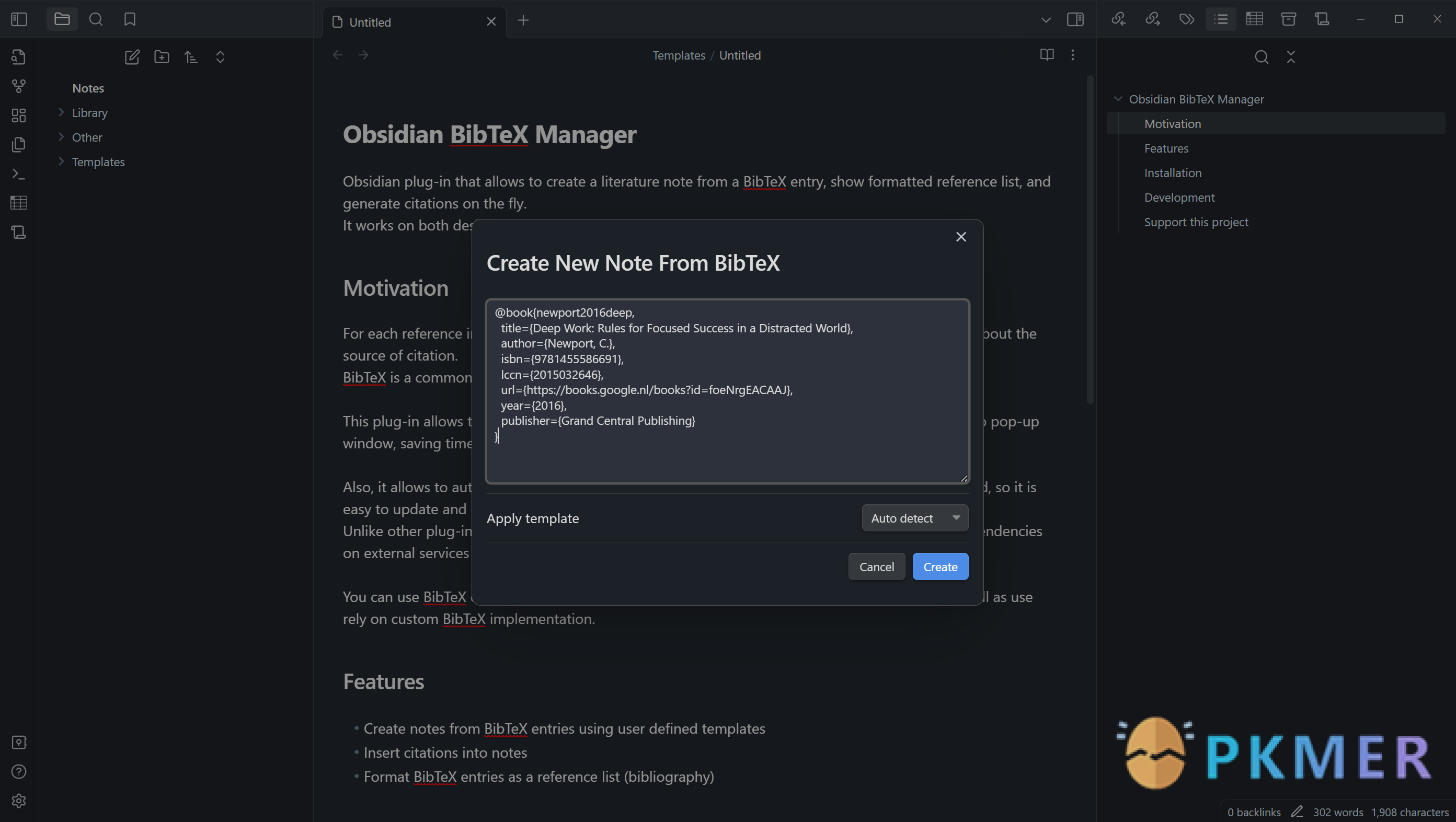 Obsidian 插件：BibTeX Manager--