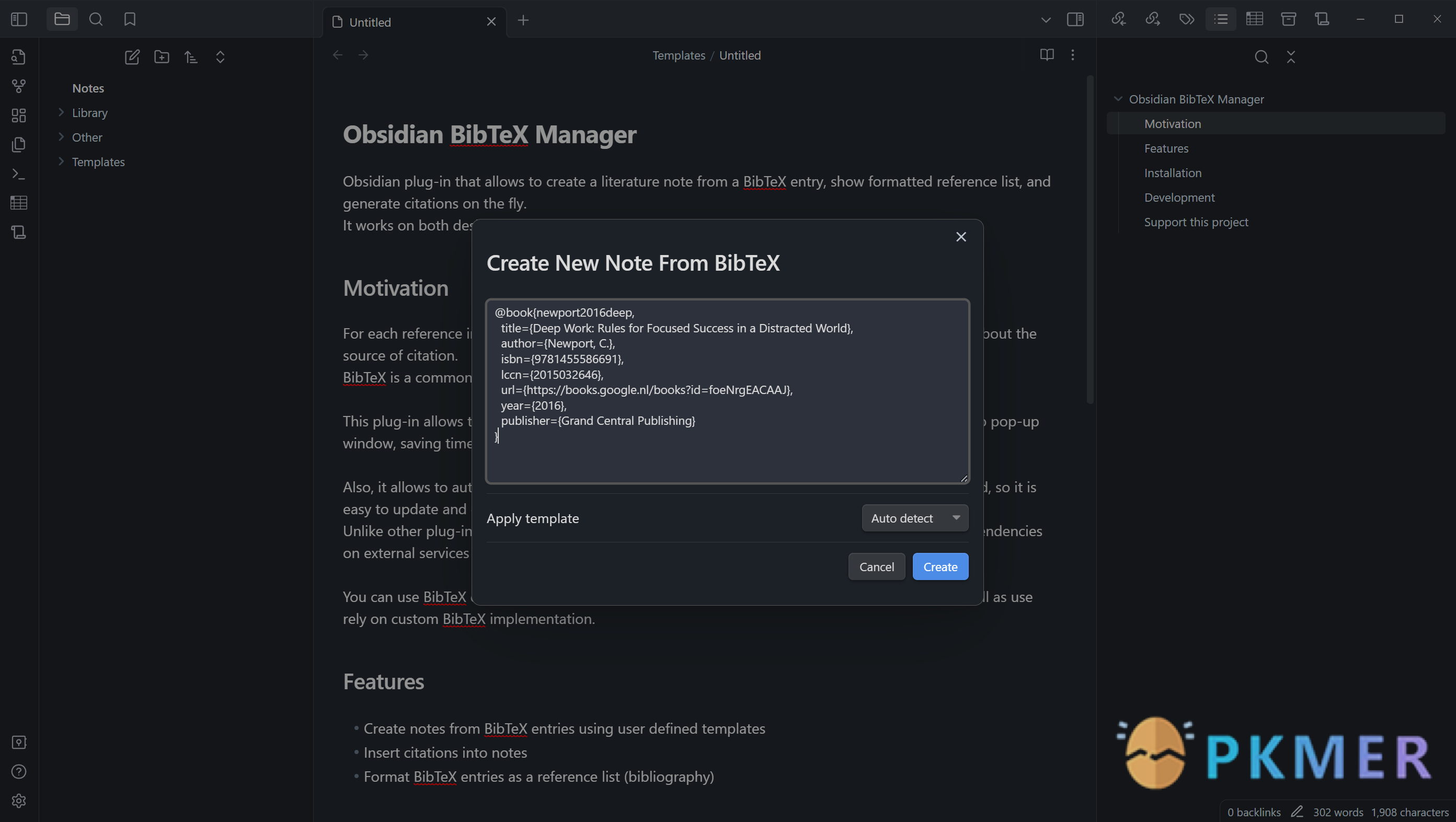 Obsidian 插件：BibTeX Manager--