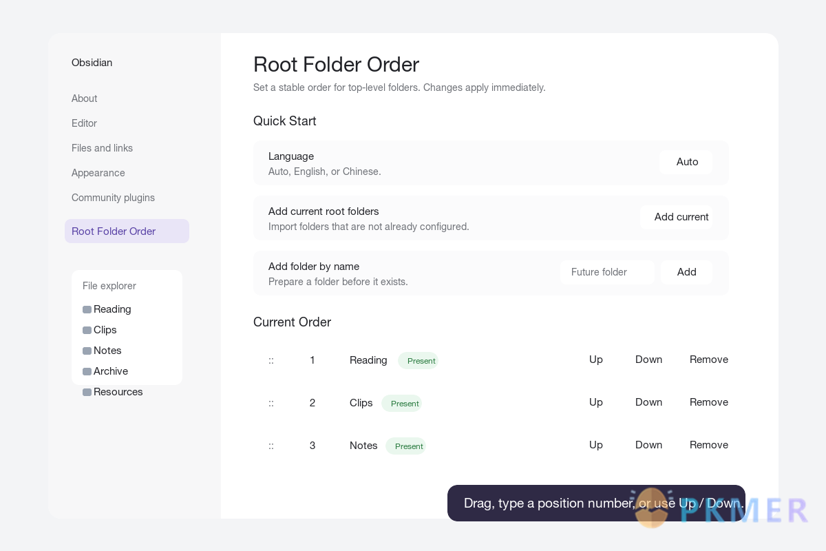 Obsidian 插件：Root Folder Order--