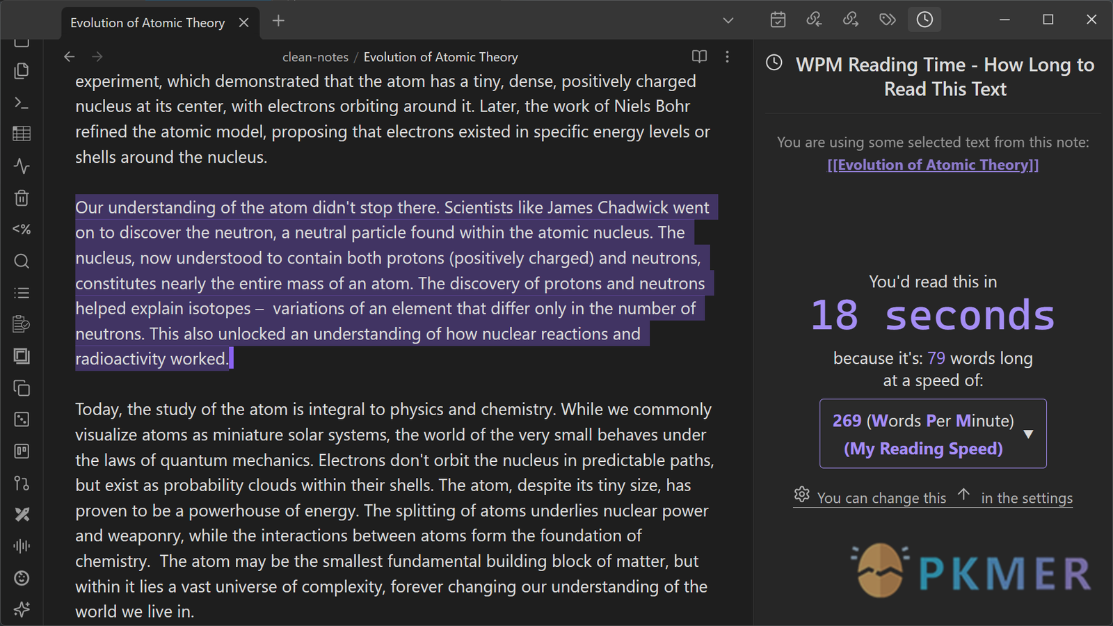 Obsidian 插件：WPM Reading Time - How Long to Read This Text--