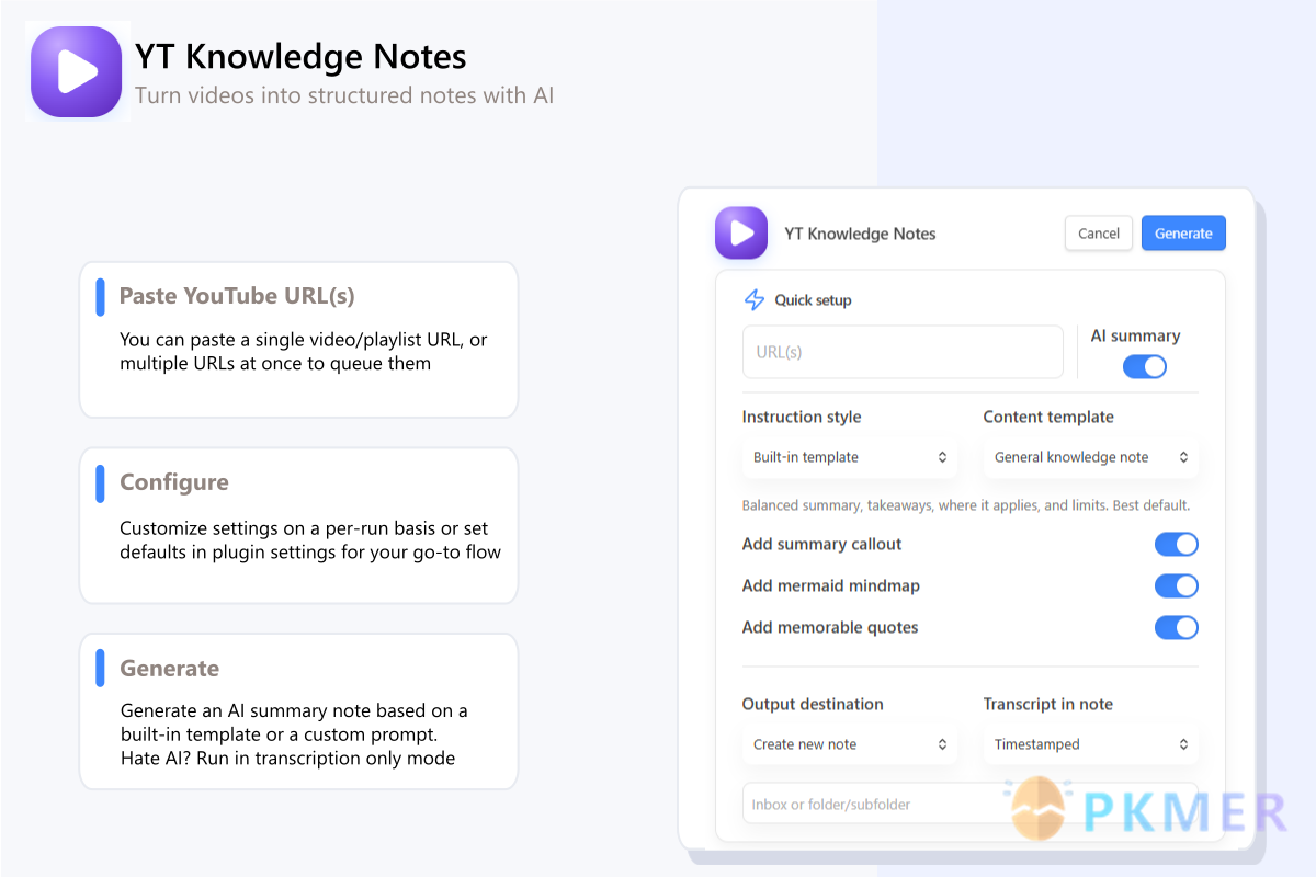 Obsidian 插件：YT Knowledge Notes--