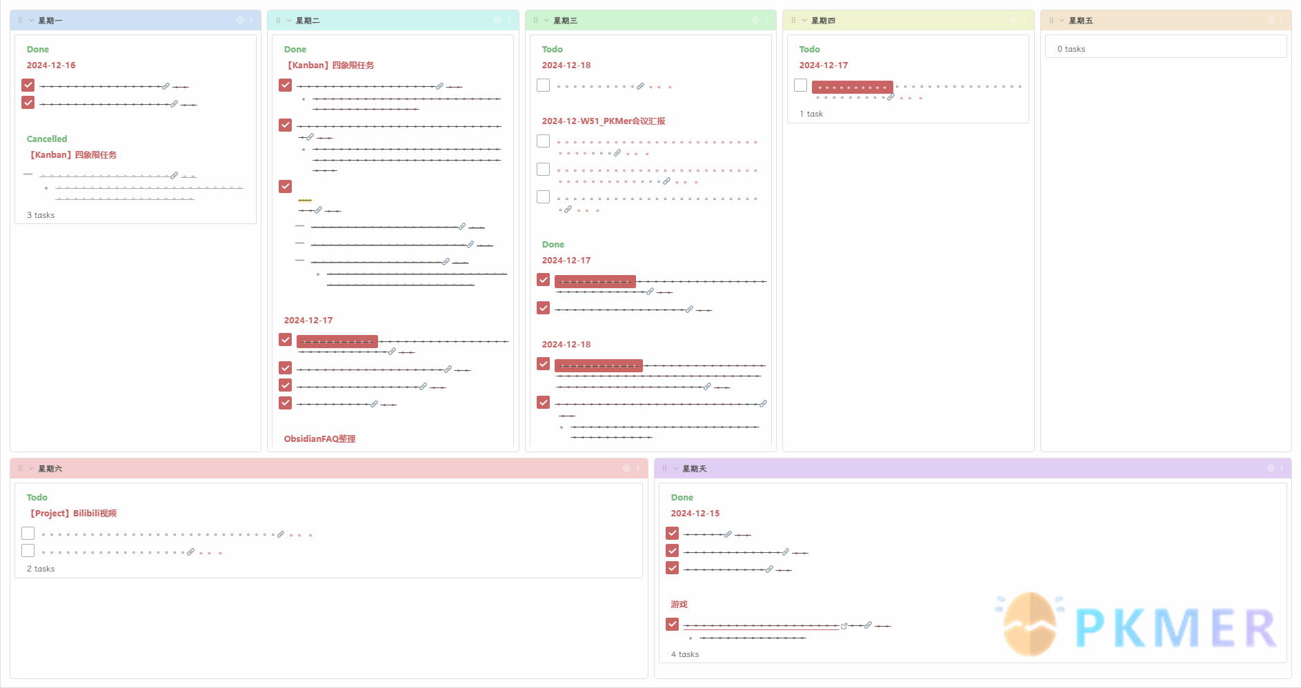 Obsidian 样式 -Kanban 魔改之四象限模式和康奈尔笔记模式--每周任务周报