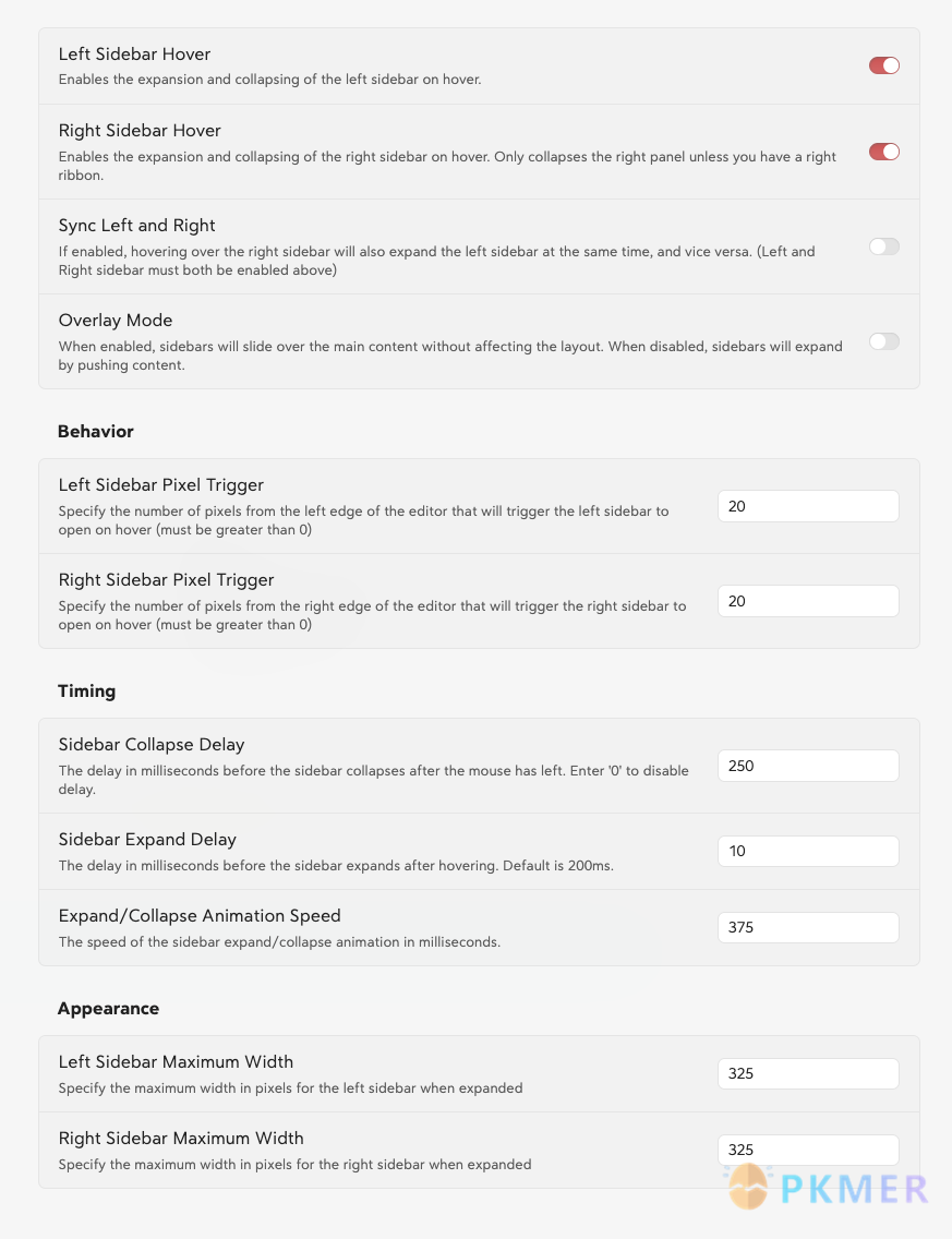 Obsidian 插件：Quick Peek Sidebar 根据光标感应展开和收起侧边栏--设置
