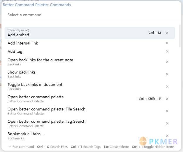 Obsidian 插件：Better Command Palette 更好更易用的命令面板--效果&特性